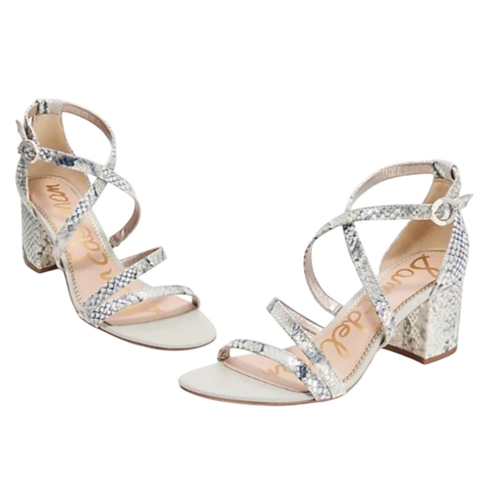 Sam Edelman Stacie Strappy Heeled Sandals White Snake Print sz 5 Wedding Party